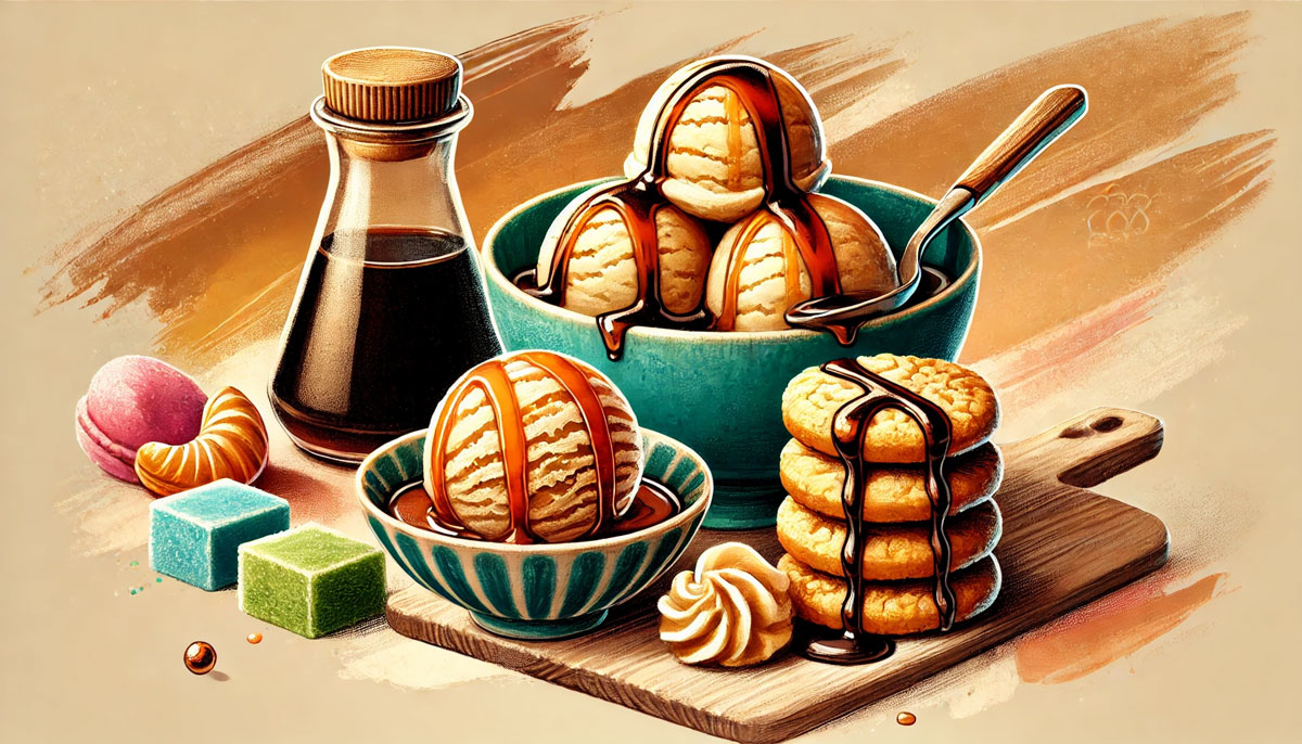 醤油スイーツのイラスト。キャラメルがけプリン、醤油風味のアイスクリーム、黄金色の醤油クッキーが美しく描かれたデザートセット。温かみのあるベージュの背景が、甘じょっぱい魅力を引き立てている。