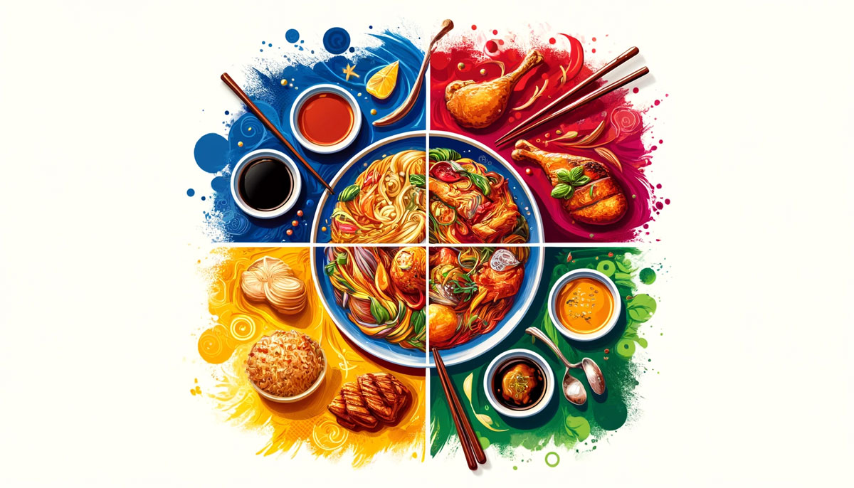 4つの異なる料理が並んだプレートのイラスト。醤油を使ったイタリアンのパスタ、フレンチのチキン料理、中華の炒め物、インドのカレーが描かれ、各国料理に醤油を活用するアイデアを表現。