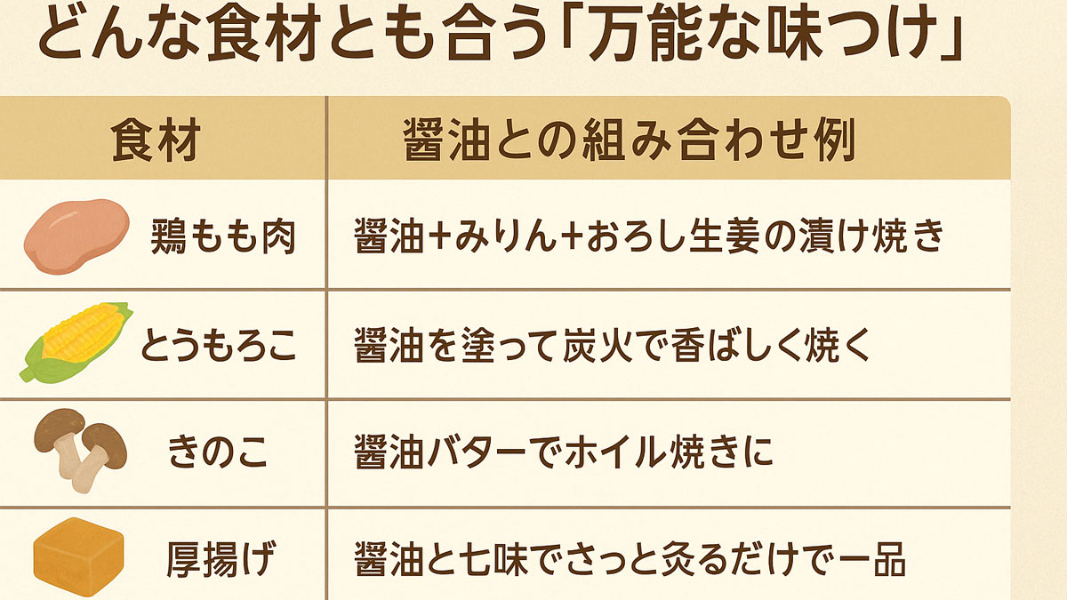 「どんな食材とも合う『万能な味つけ』」の見出しと、鶏もも肉・とうもろこし・きのこ・厚揚げに合う醤油の組み合わせ例をイラスト付きの表で紹介した日本語インフォグラフィック。