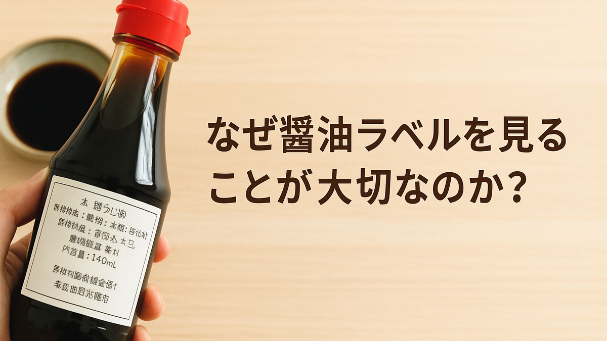 なぜ醤油ラベルを見ることが大切なのかを問う画像。ナチュラルな木目の背景に、手に持った醤油瓶と豆皿の醤油が映り、右側に『なぜ醤油ラベルを見ることが大切なのか？』という日本語テキストが配置されている。