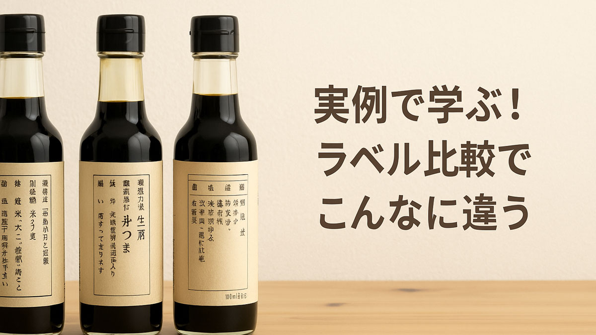 実例で醤油のラベルを比較する様子を表現した画像。3本の醤油瓶が並び、それぞれ異なるラベルが貼られている。背景は優しいトーンの壁と木目のテーブルで構成され、右側に『実例で学ぶ！ラベル比較でこんなに違う』という日本語テキストが配置されている。
