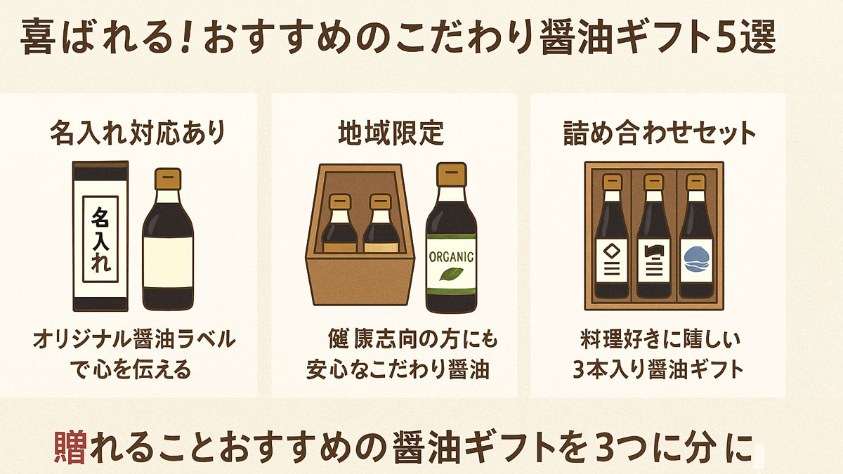 名入れ・地域限定・詰め合わせなど、おすすめ醤油ギフト5選を紹介する日本語インフォグラフィック