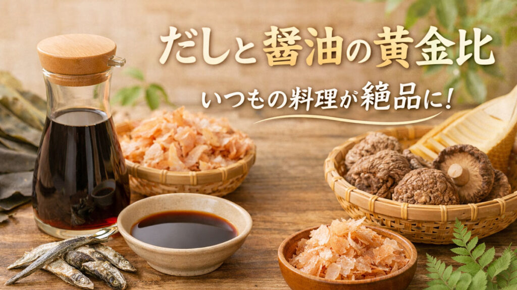 昆布とかつお節、干ししいたけと醤油を並べ、だしと醤油の黄金比で旨味を引き出す和食調味料のイメージ