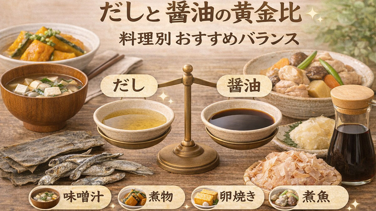 だしと醤油の黄金比を天秤で表し、味噌汁・煮物・卵焼き・煮魚など料理別のおすすめバランスを示した和食イメージ