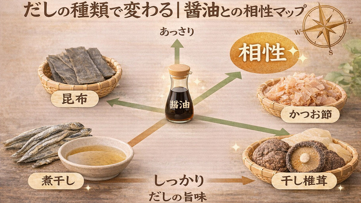 昆布・かつお節・煮干し・干し椎茸のだし素材と醤油の相性をマップで示した、だしの種類別おすすめ組み合わせの解説イメージ