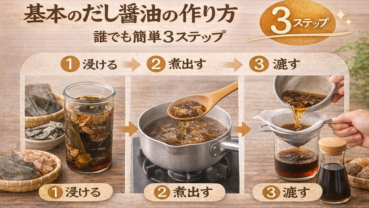 昆布とかつお節でだしを取り、煮出して濾すまでの「基本のだし醤油の作り方」を3ステップで示した調理イメージ