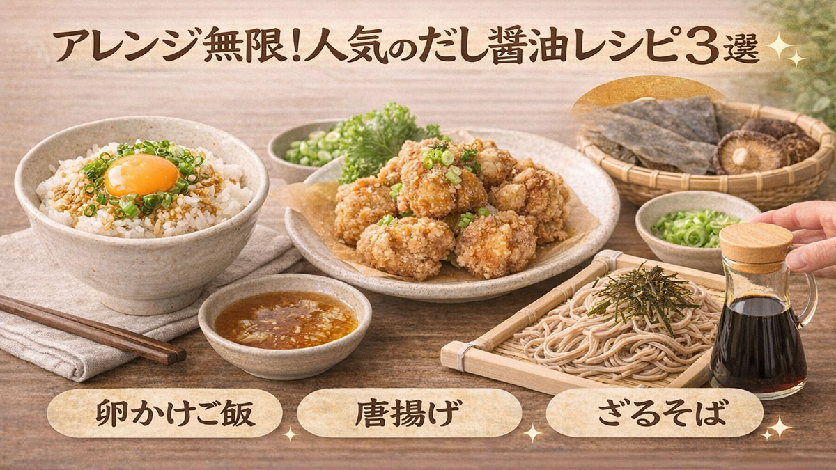 卵かけご飯・唐揚げ・ざるそばの3品を並べ、だし醤油のアレンジレシピ3選を紹介するイメージ