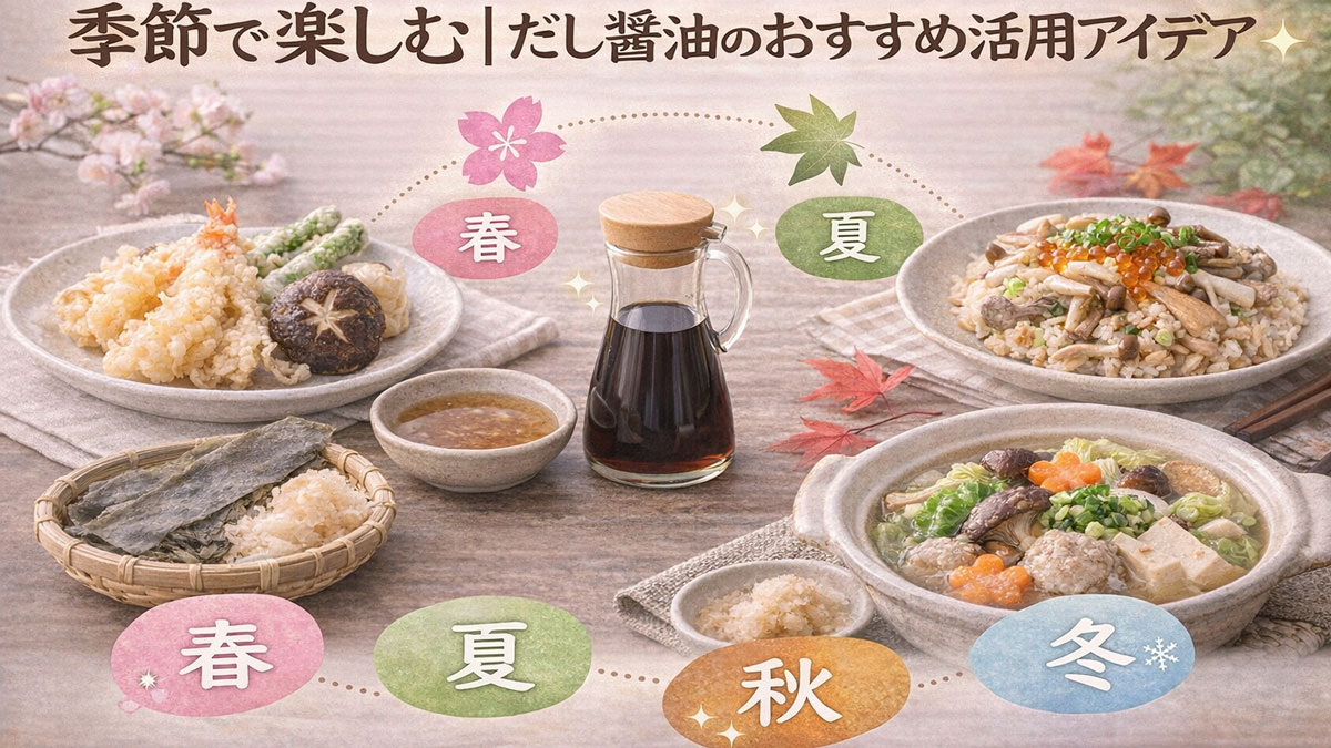 春夏秋冬の季節料理(山菜、冷奴、きのこご飯、鍋)と中央のだし醤油を並べ、季節で楽しむだし醤油の活用アイデアを表したイメージ