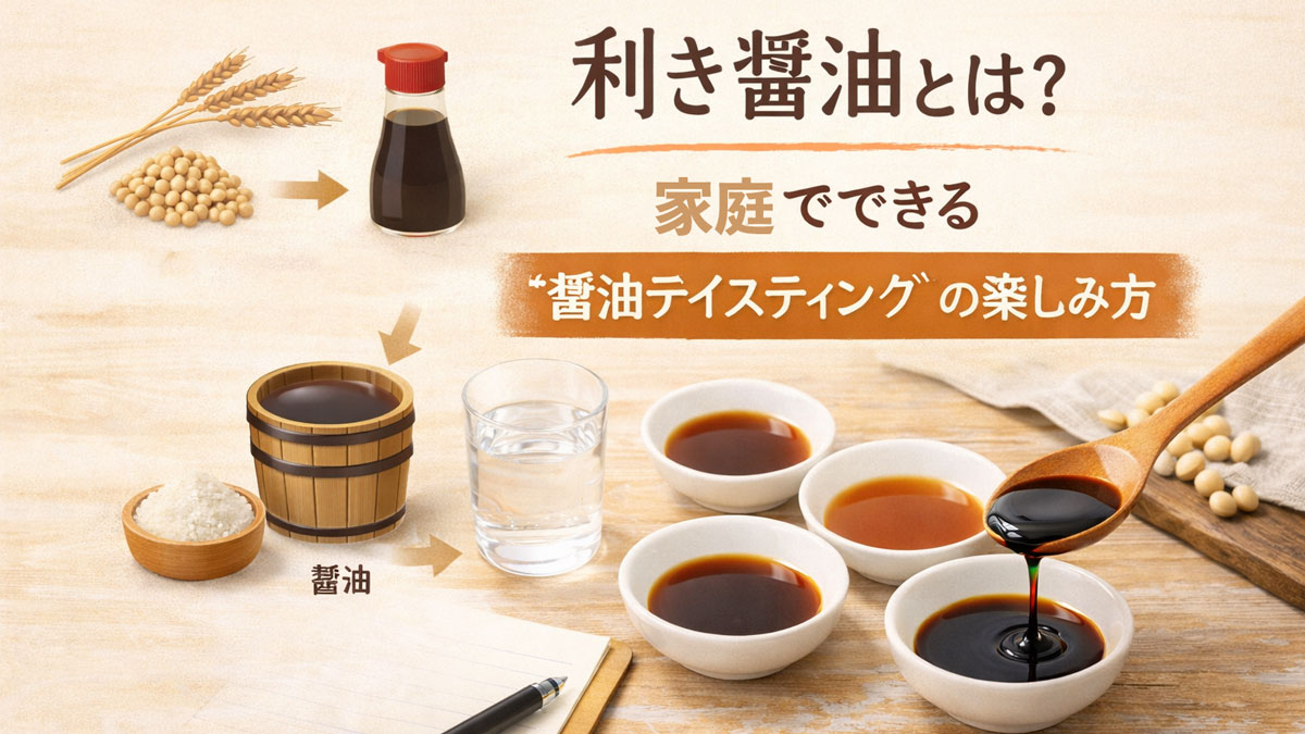 家庭で小皿に注いだ色の違う醤油を並べ、利き醤油を楽しんでいる様子。自宅でできる醤油テイスティングのイメージ