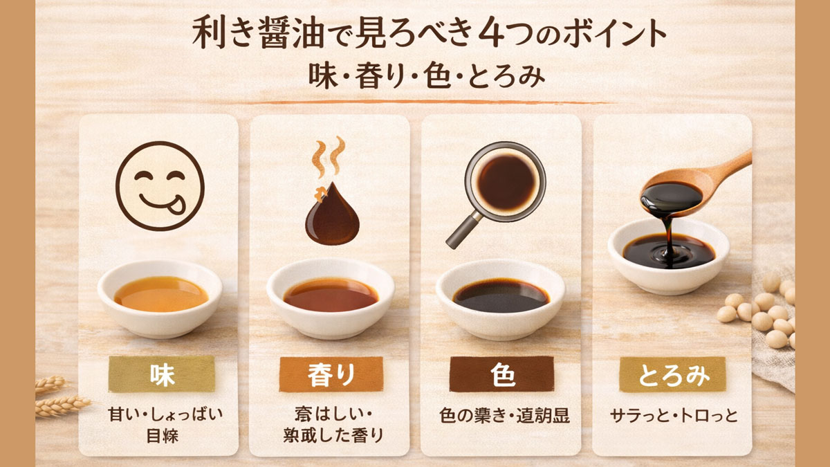 小皿に注いだ醤油を使って、味・香り・色・とろみの4つのポイントを比較している利き醤油の解説イメージ