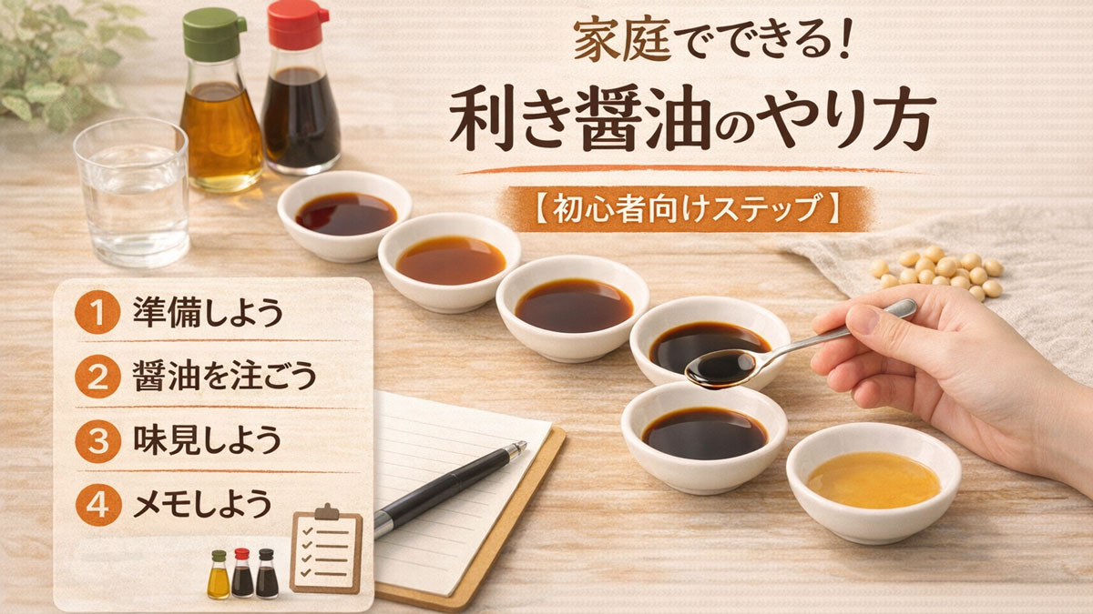 家庭で小皿に注いだ醤油をスプーンで味見しながら、利き醤油の手順を実践している初心者向けステップのイメージ