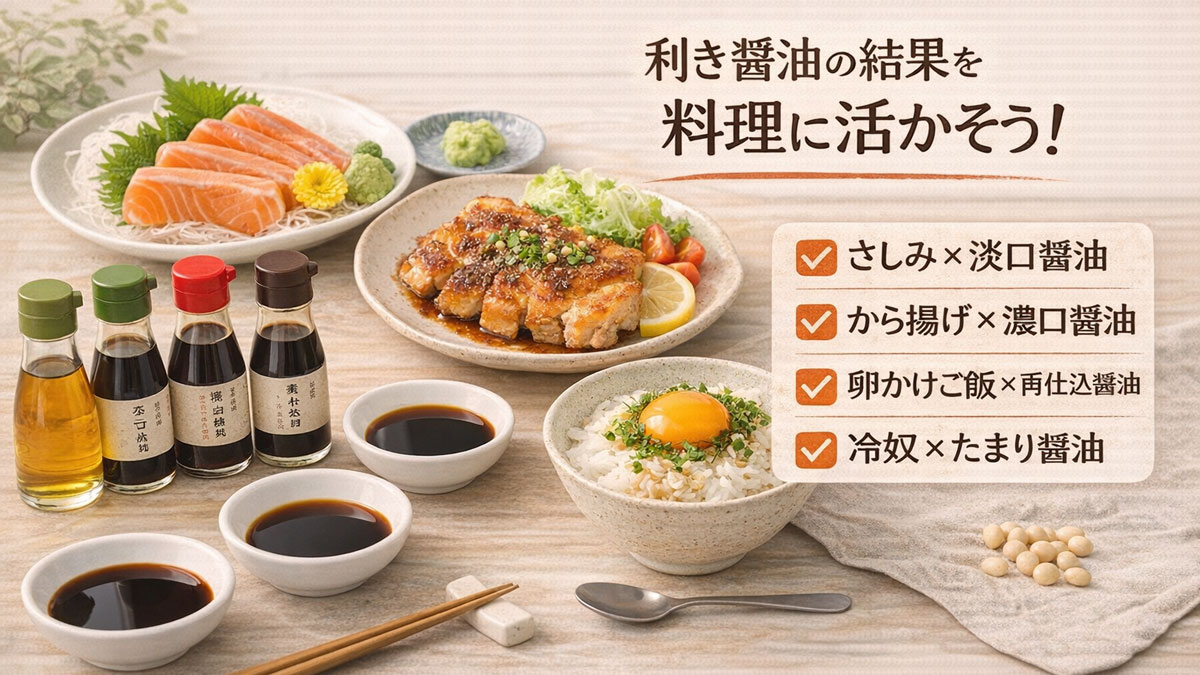刺身、から揚げ、卵かけご飯、冷奴と、それぞれに合う醤油を組み合わせて紹介している利き醤油ペアリング例のイメージ