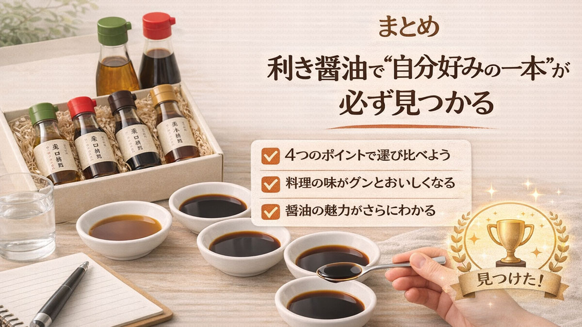 小皿に注いだ色の違う醤油をスプーンですくいながら利き醤油を楽しみ、自分好みの一本を見つけた様子を表現したまとめ用イメージ